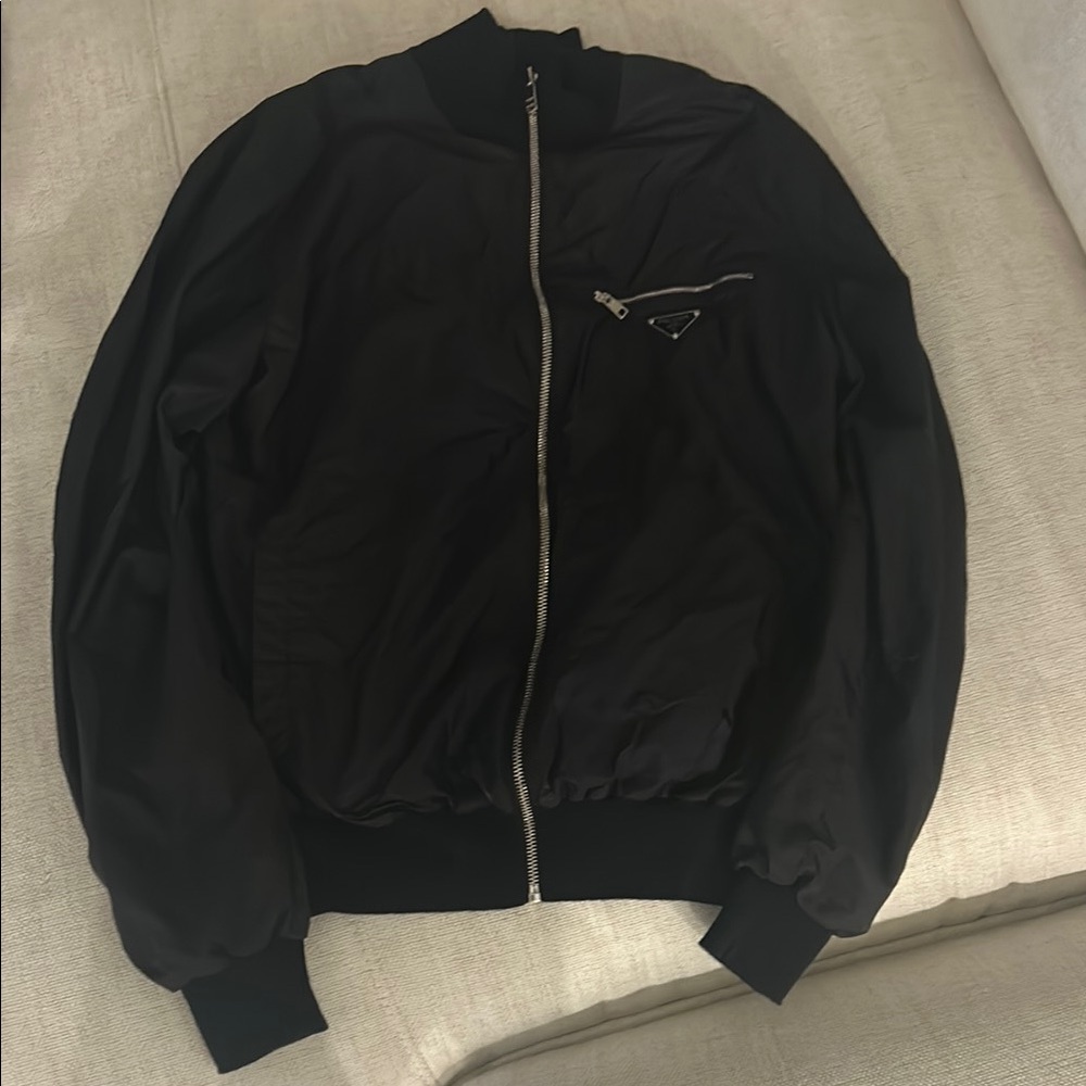 Prada Black Bomber Jacket with Ribbed Collar and Elastic Waistband